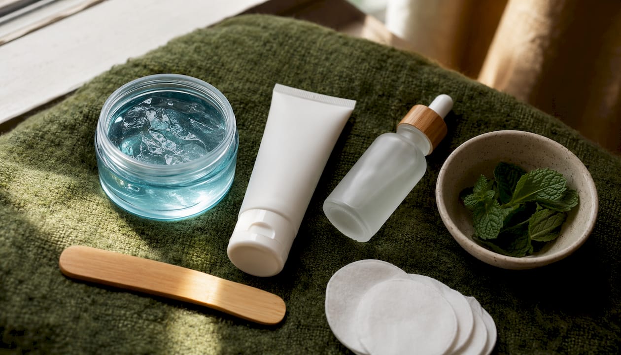 Flat lay of safe pregnancy skincare ingredients