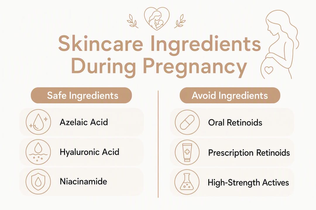 Infographic comparing safe and avoid skincare ingredients in pregnancy