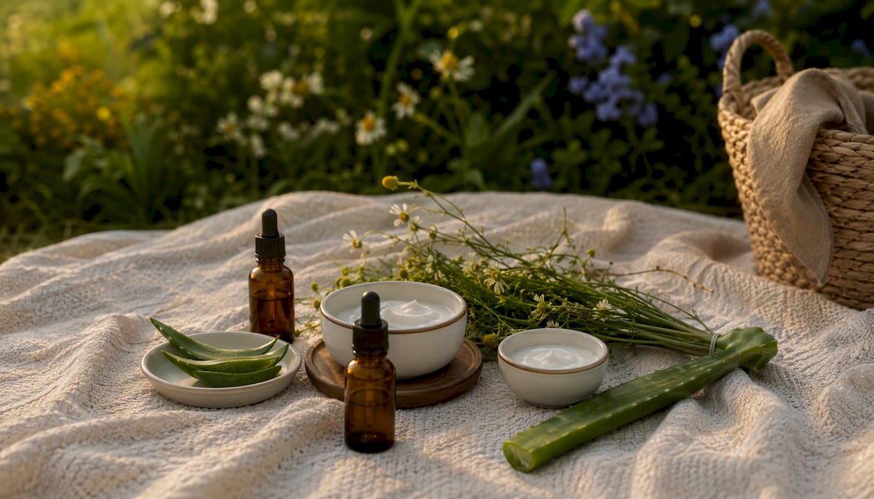 Flat lay of gentle postpartum skincare products and natural ingredients