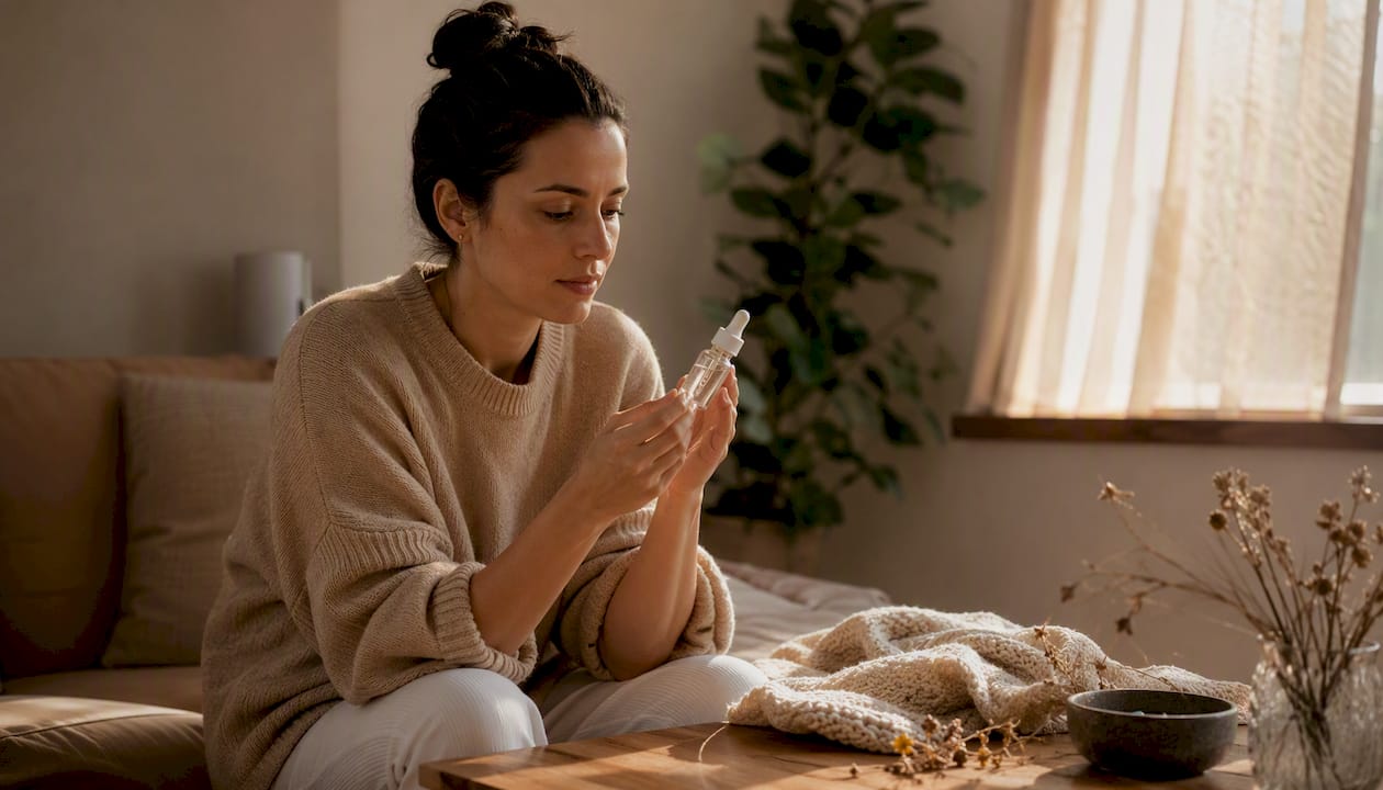 Woman reviewing postpartum skincare product