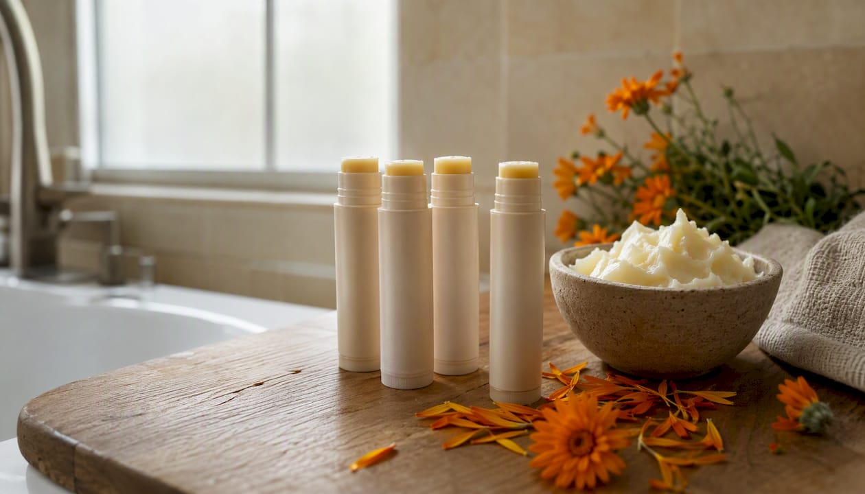 Organic nipple balm tubes overhead view