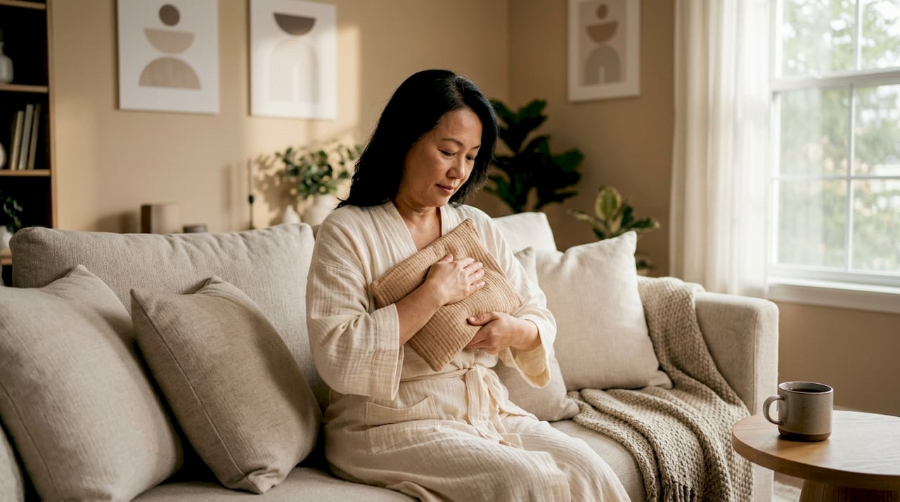 Woman applying warm compress for relief