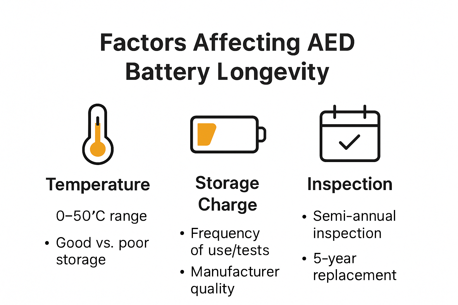 Infographic showing main factors in AED battery life