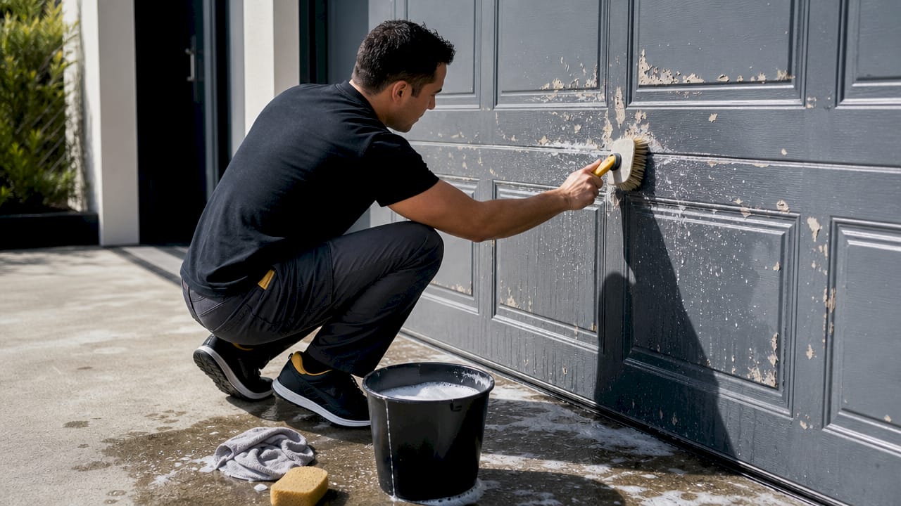 Hands scrubbing garage door with brush