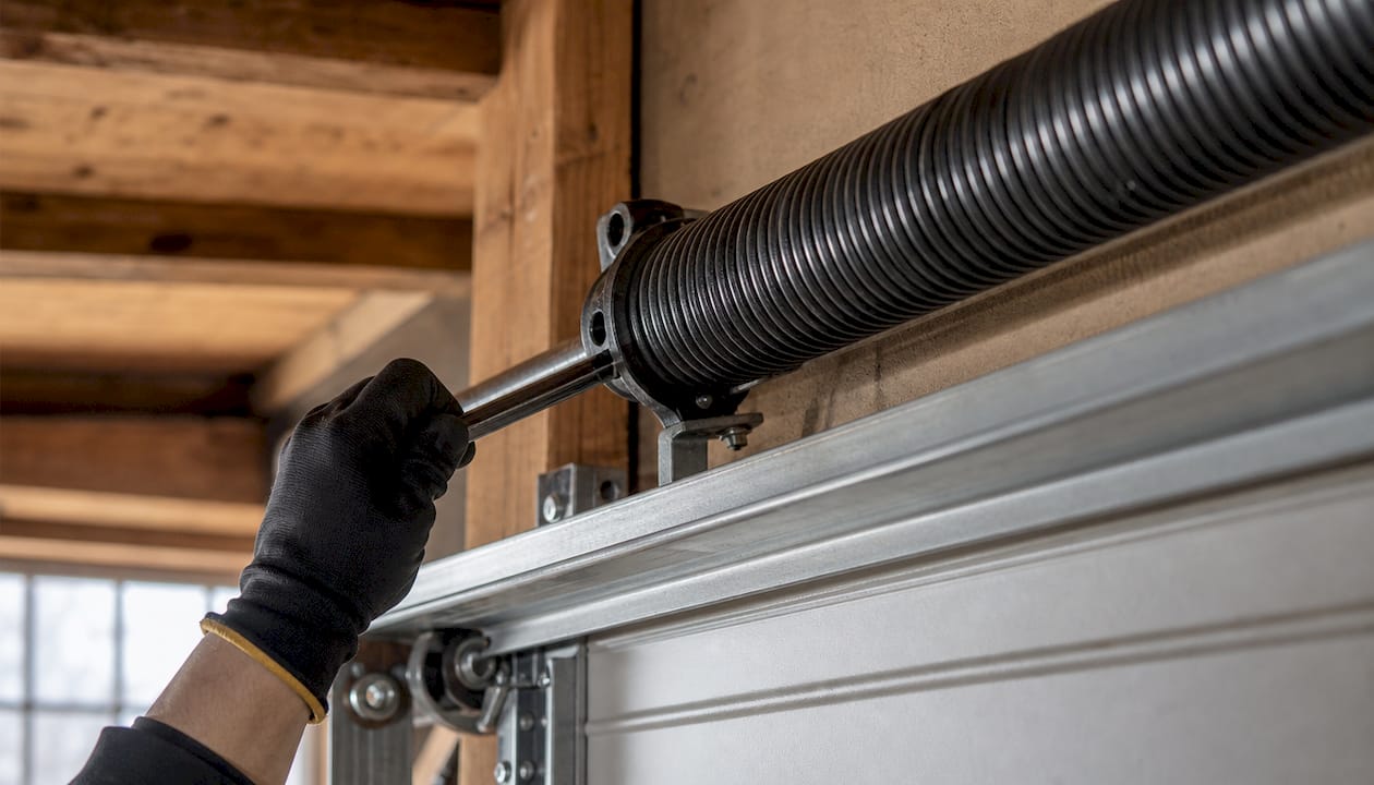 Close-up of torsion spring with technician hand