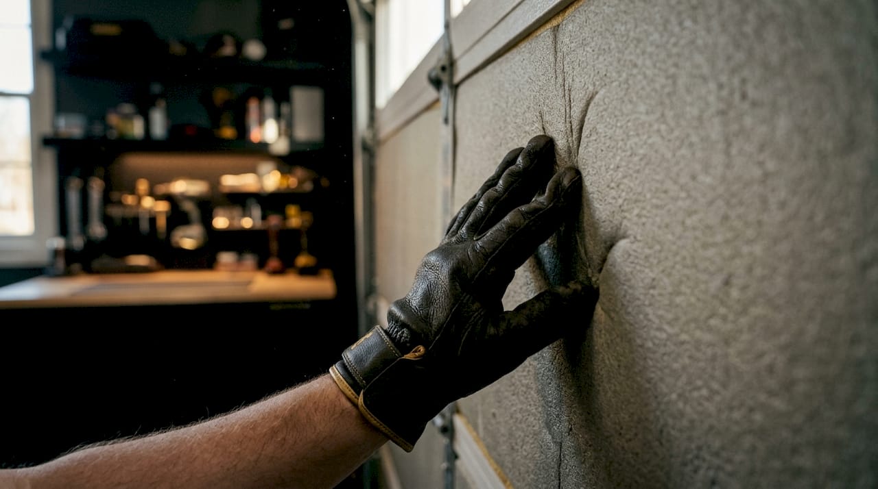 Close-up of hand pressing insulated garage door panel