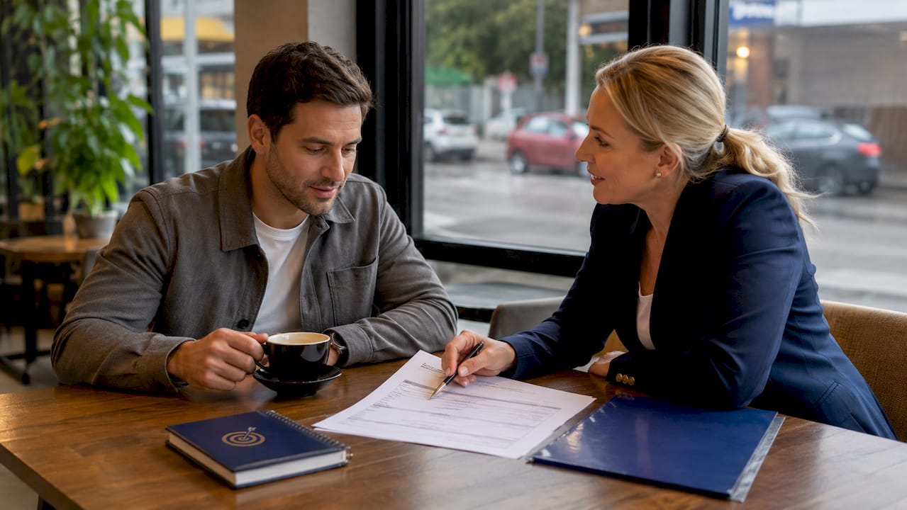 Buyer and dealer reviewing on-road cost breakdown