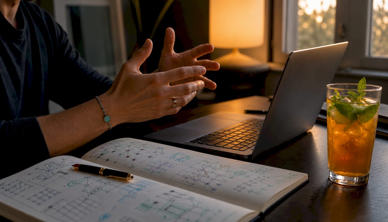 Hands typing cryptographic notes on laptop