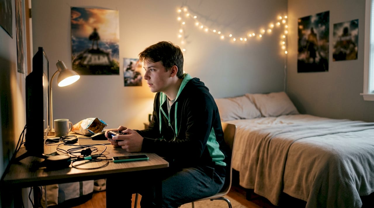 Gamer engaging with gambling mechanics in video game