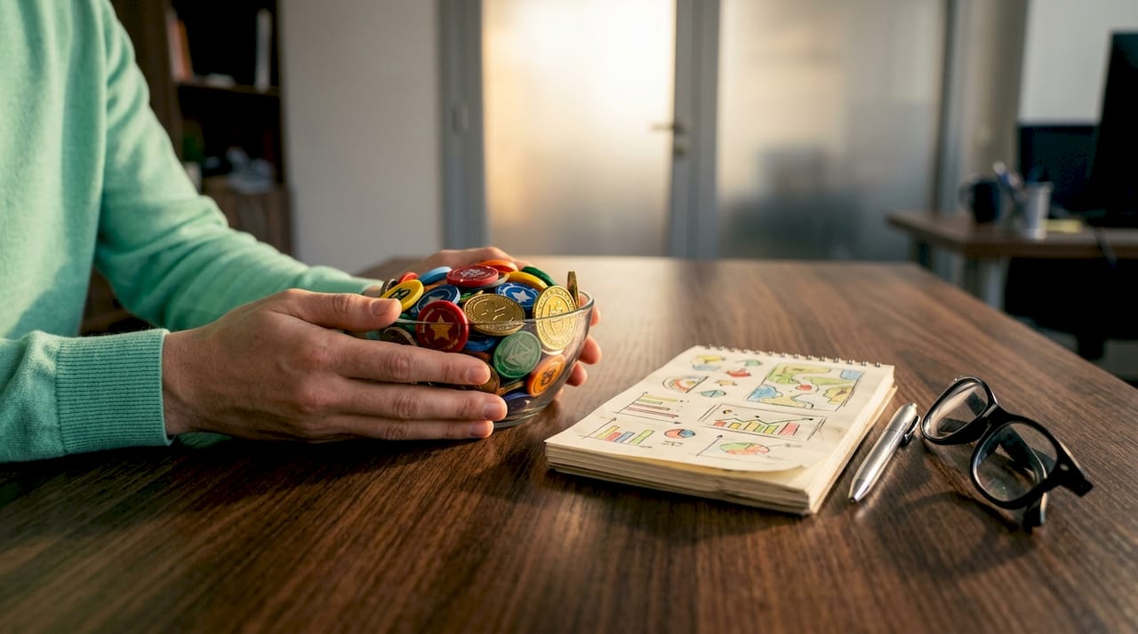 Hands holding virtual gaming coins tokens