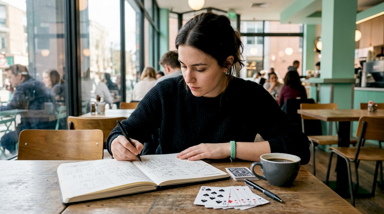 Woman studying gambling strategies at desk
