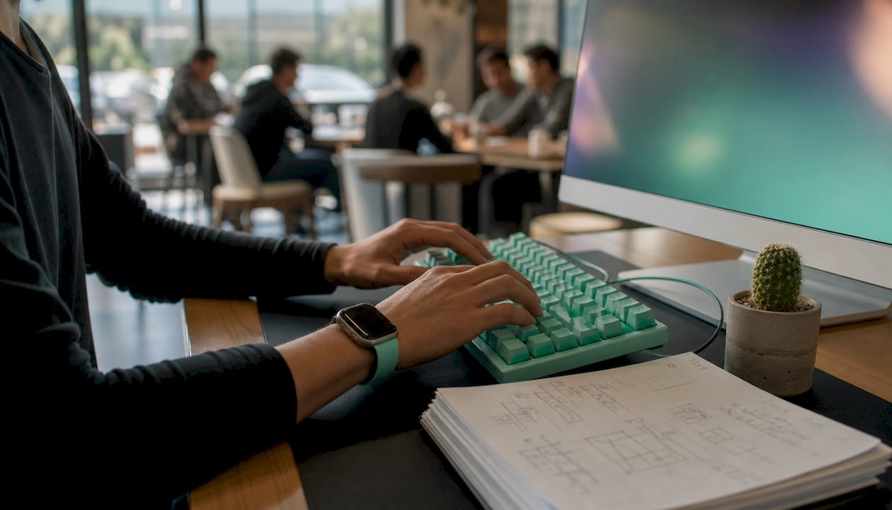Hands typing on keyboard with cryptographic notes