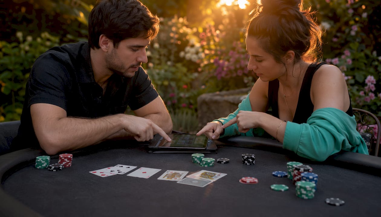 Two players discussing casino game strategy over tablet