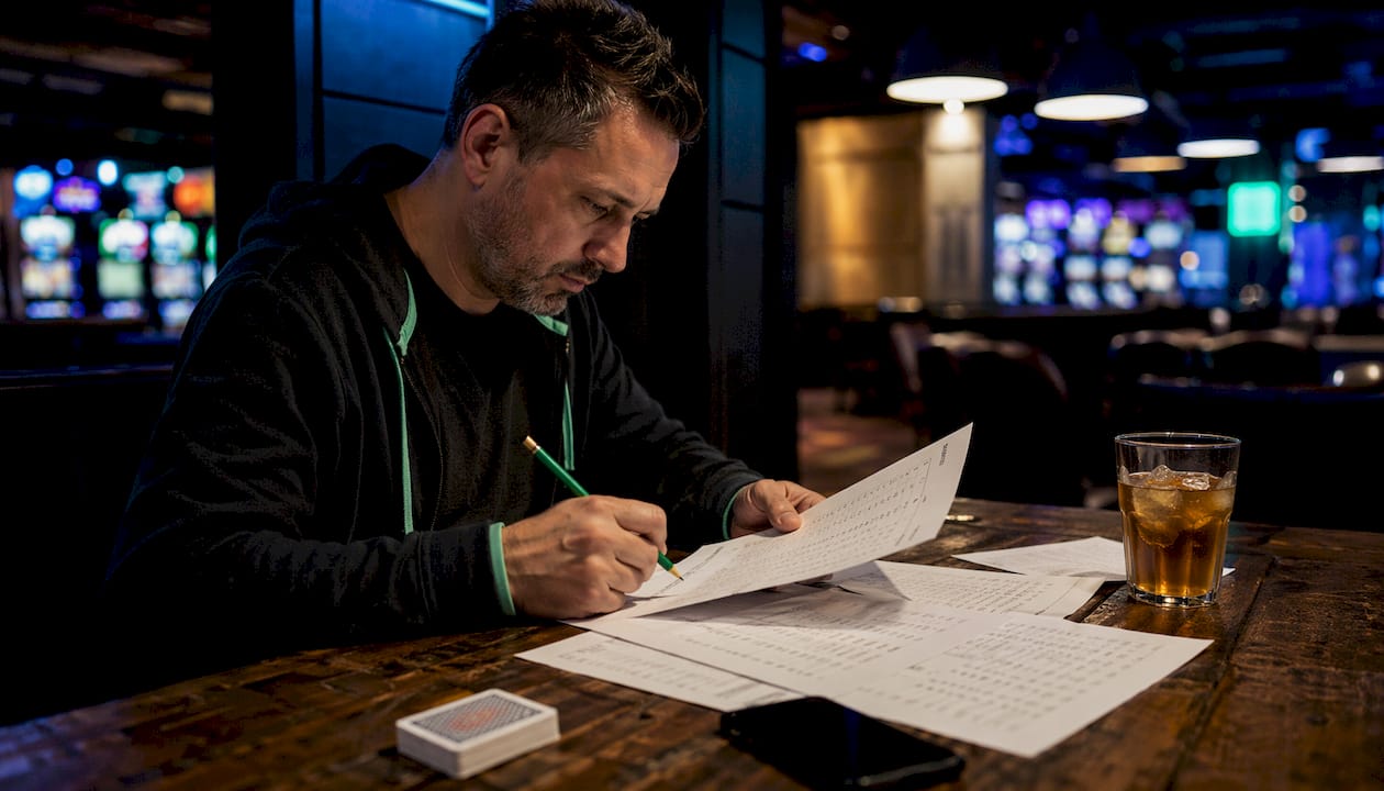 Man studying house edge calculations in casino lounge