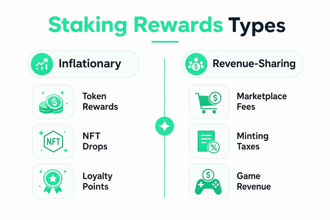 Infographic comparing staking reward types in gaming