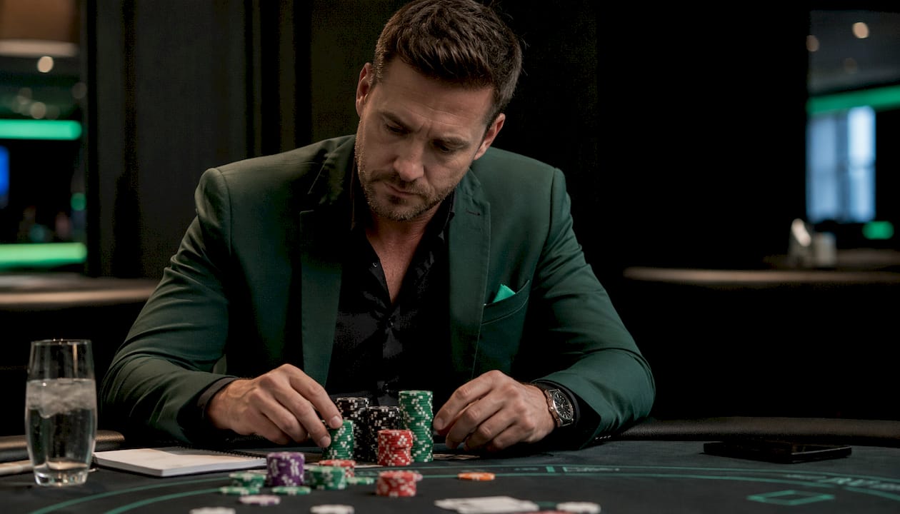 Man reviewing gambling strategy at casino table
