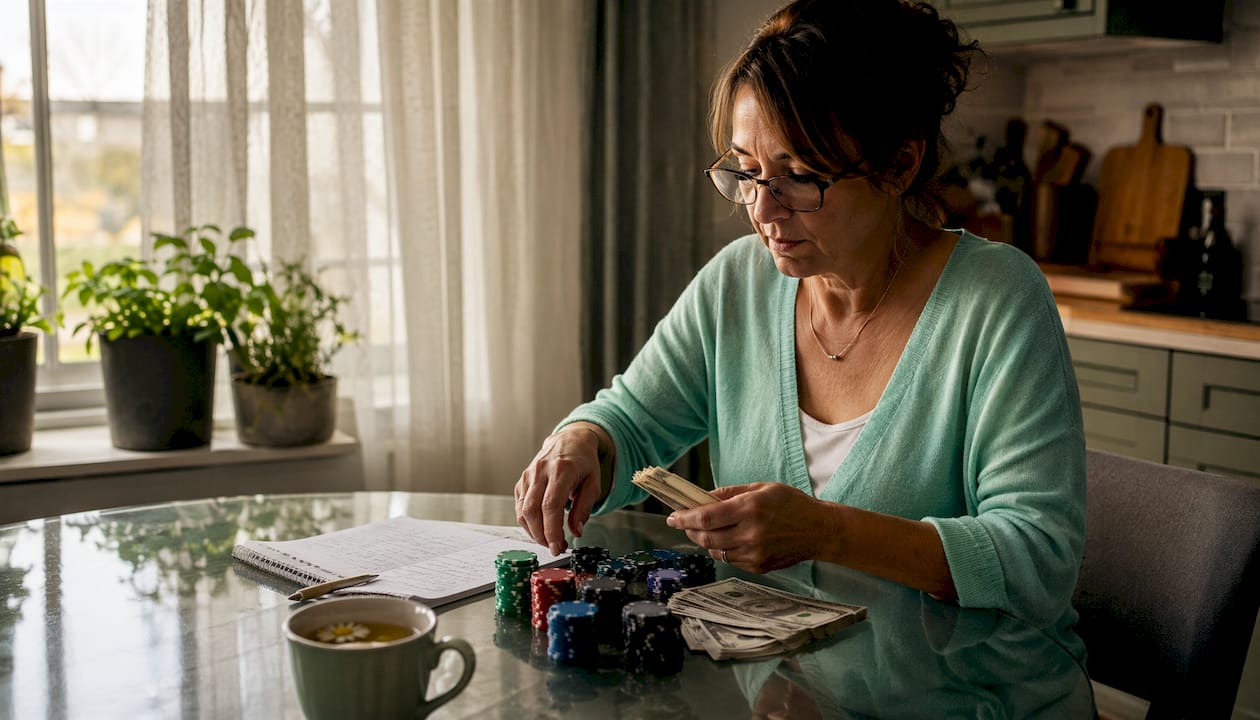 Woman managing bankroll at home poker table
