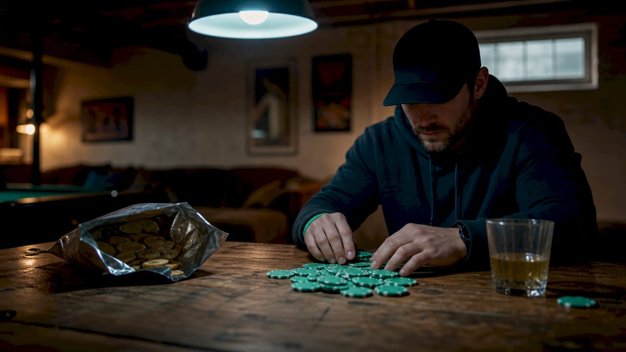 Tense hands gripping poker chips tightly