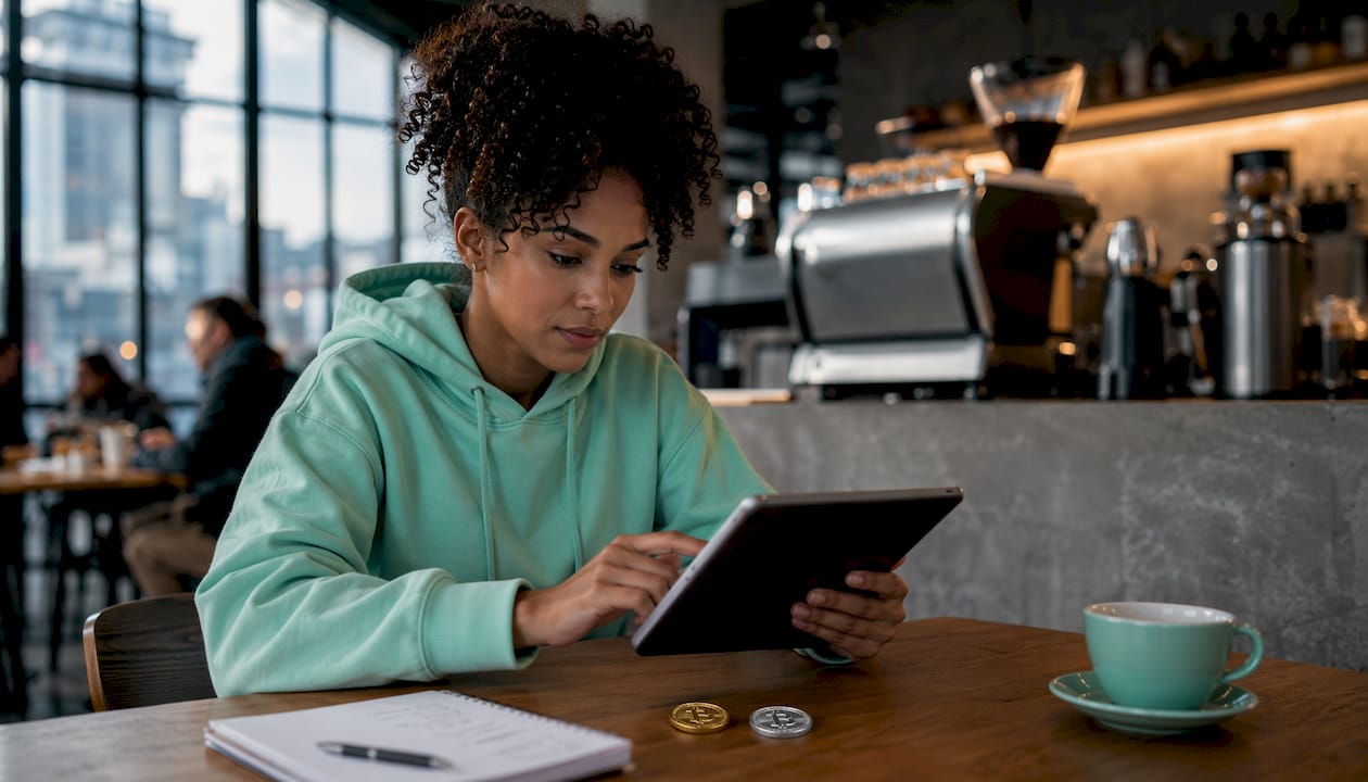 Woman checking crypto wallet for casino withdrawals