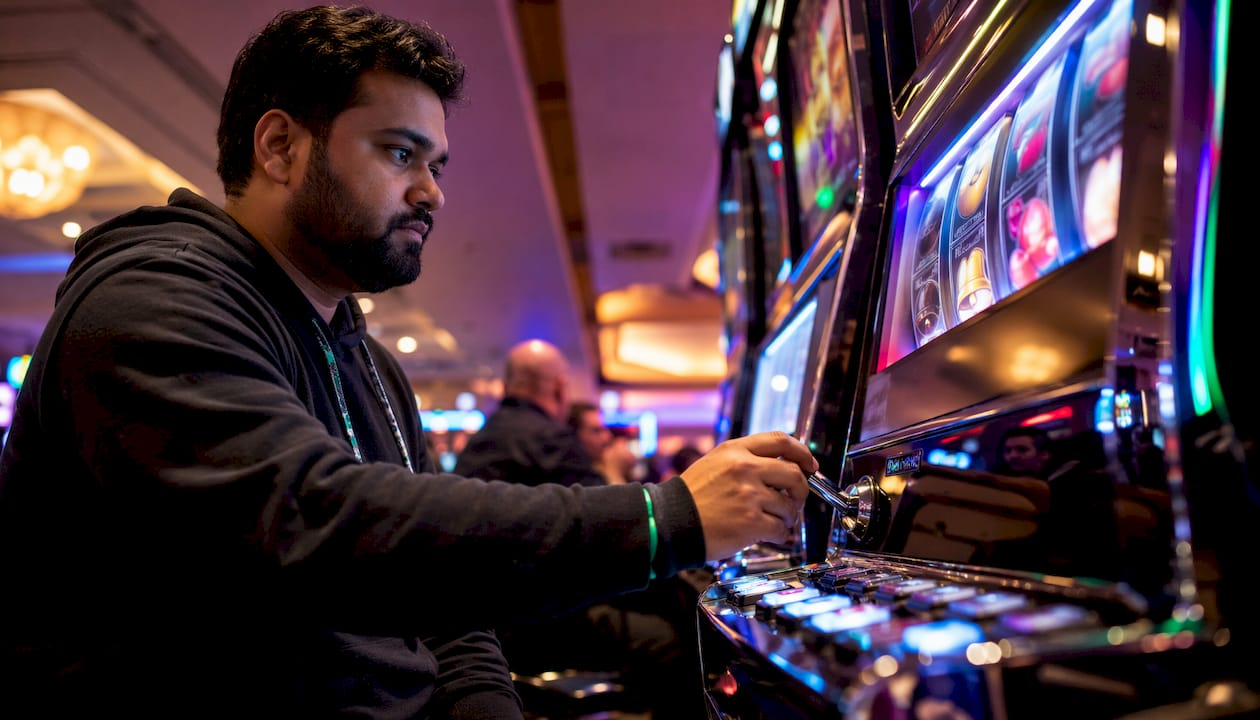 Man playing slot machine at casino floor