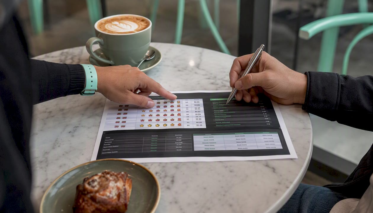 Hands reviewing slot multiplier math in café