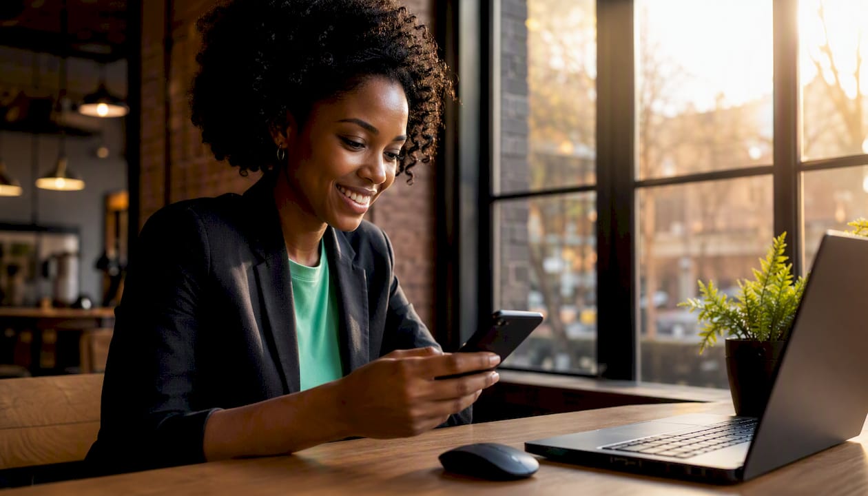 Woman making crypto payment in coworking space