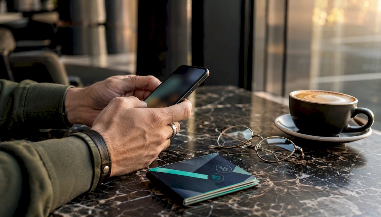 Hands holding phone with crypto wallet on table