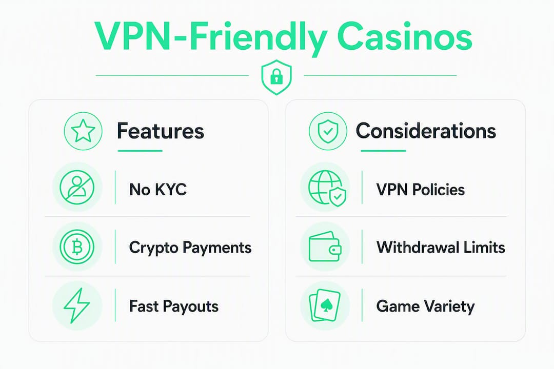 Infographic comparing features and considerations of VPN casinos