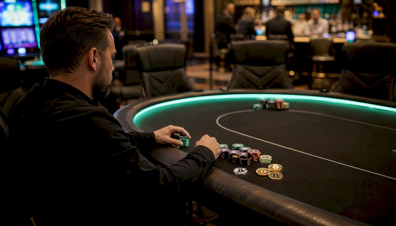 Crypto coins and poker chips on gaming table