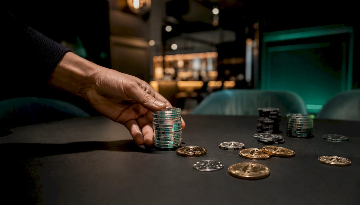 Hand sliding crypto betting chips on table