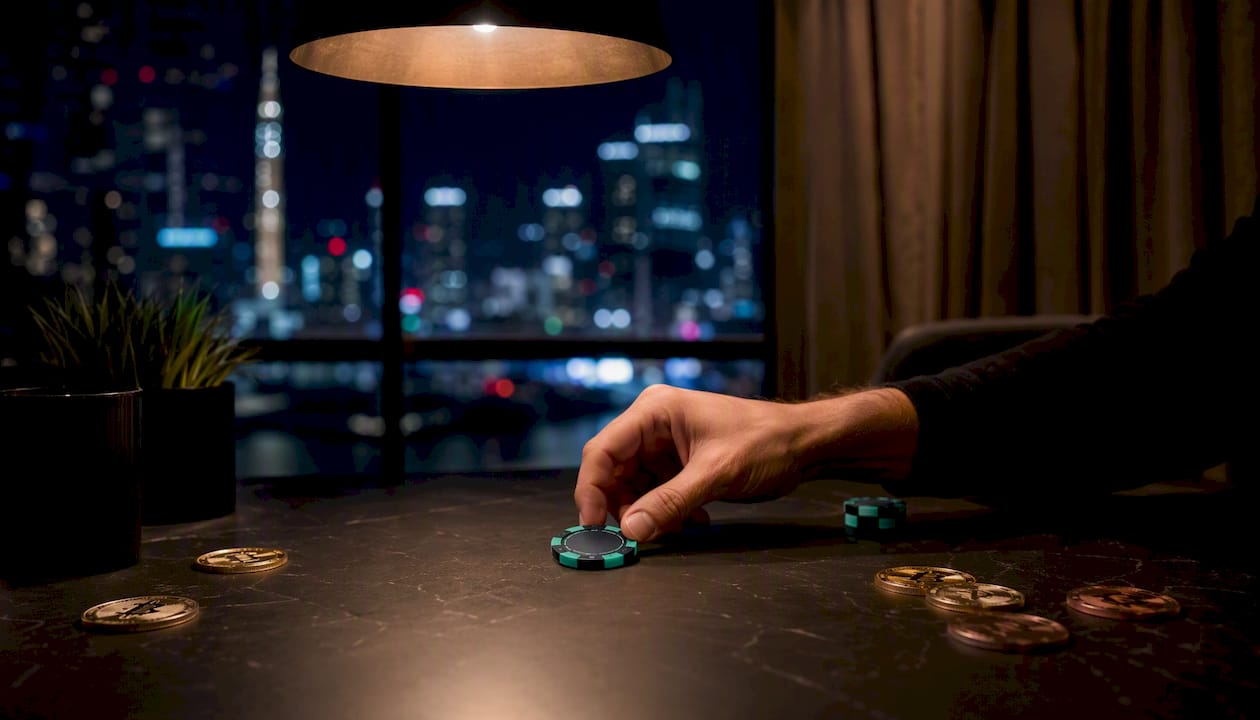 Hand placing mint-green gaming token on dark desk