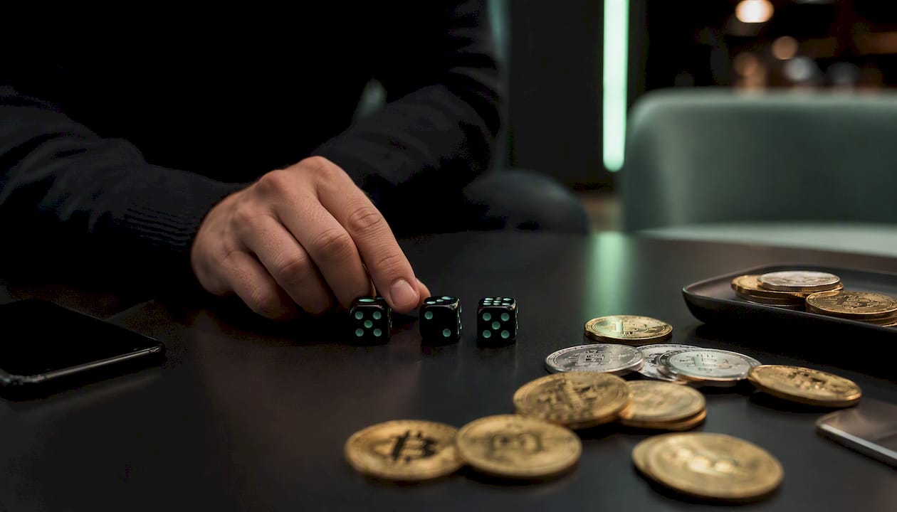 Hand verifying gambling tokens and dice on desk