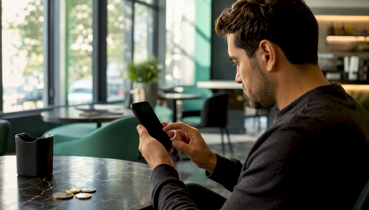 Person verifying stake bet on a smartphone