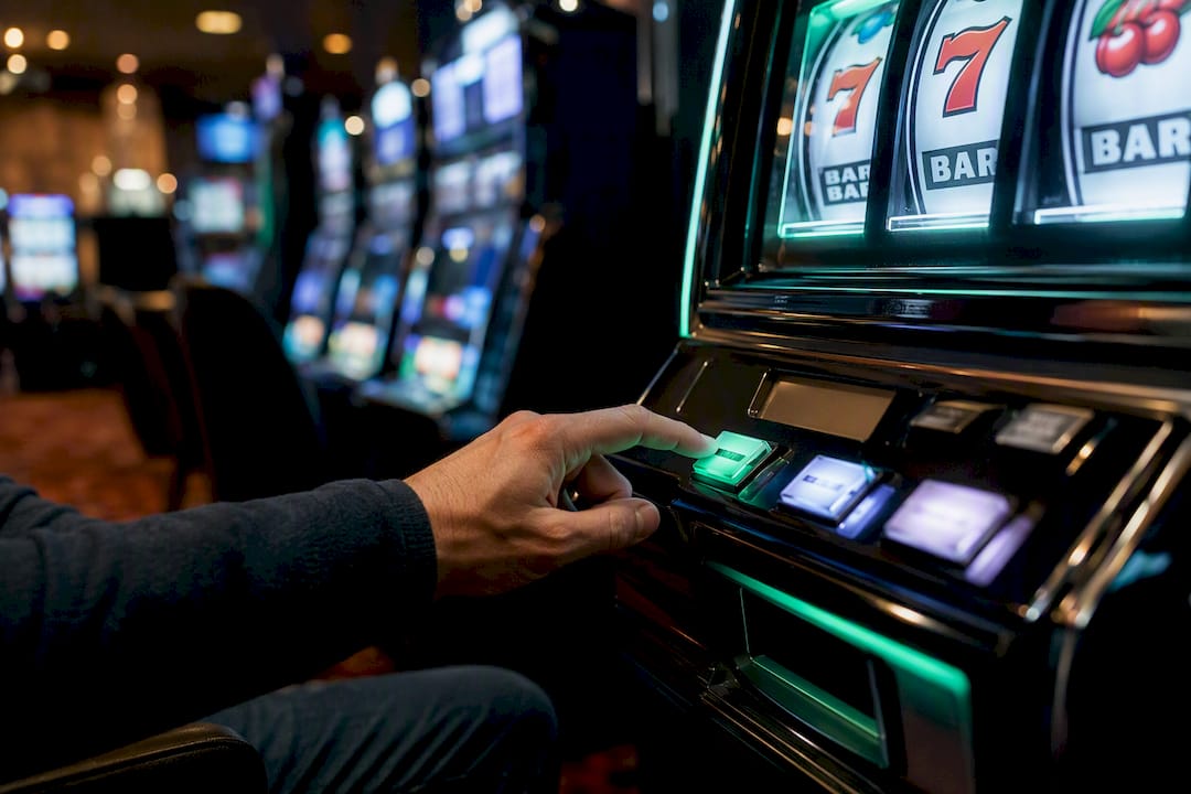Hand pressing slot machine button