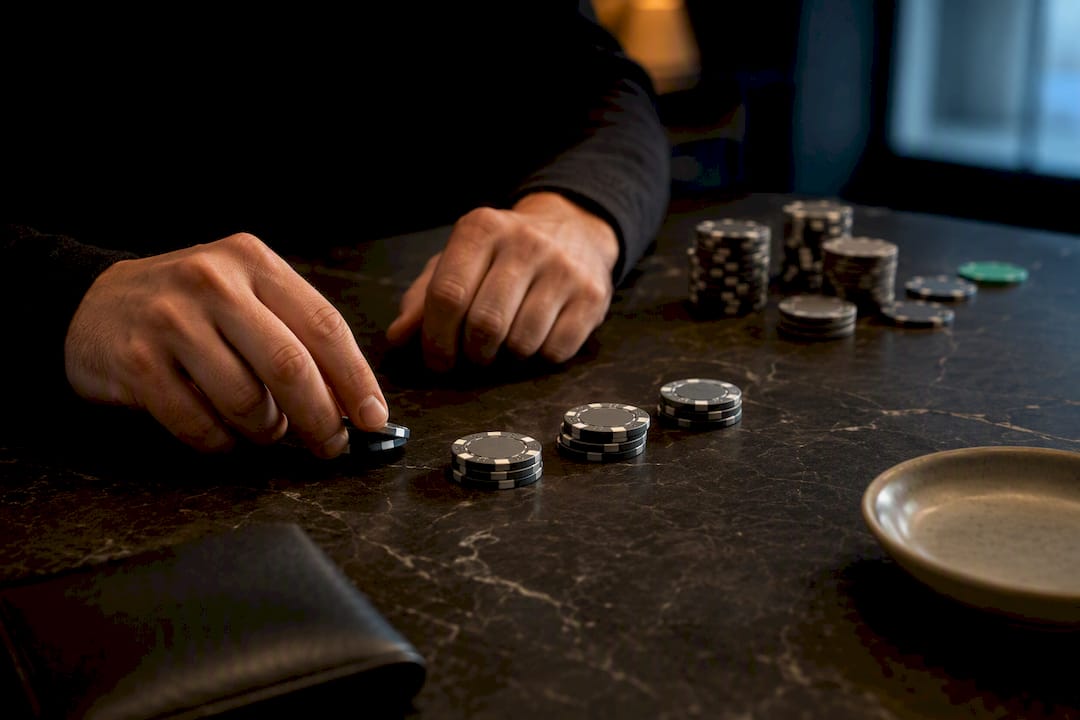 Hands dividing betting funds into small units
