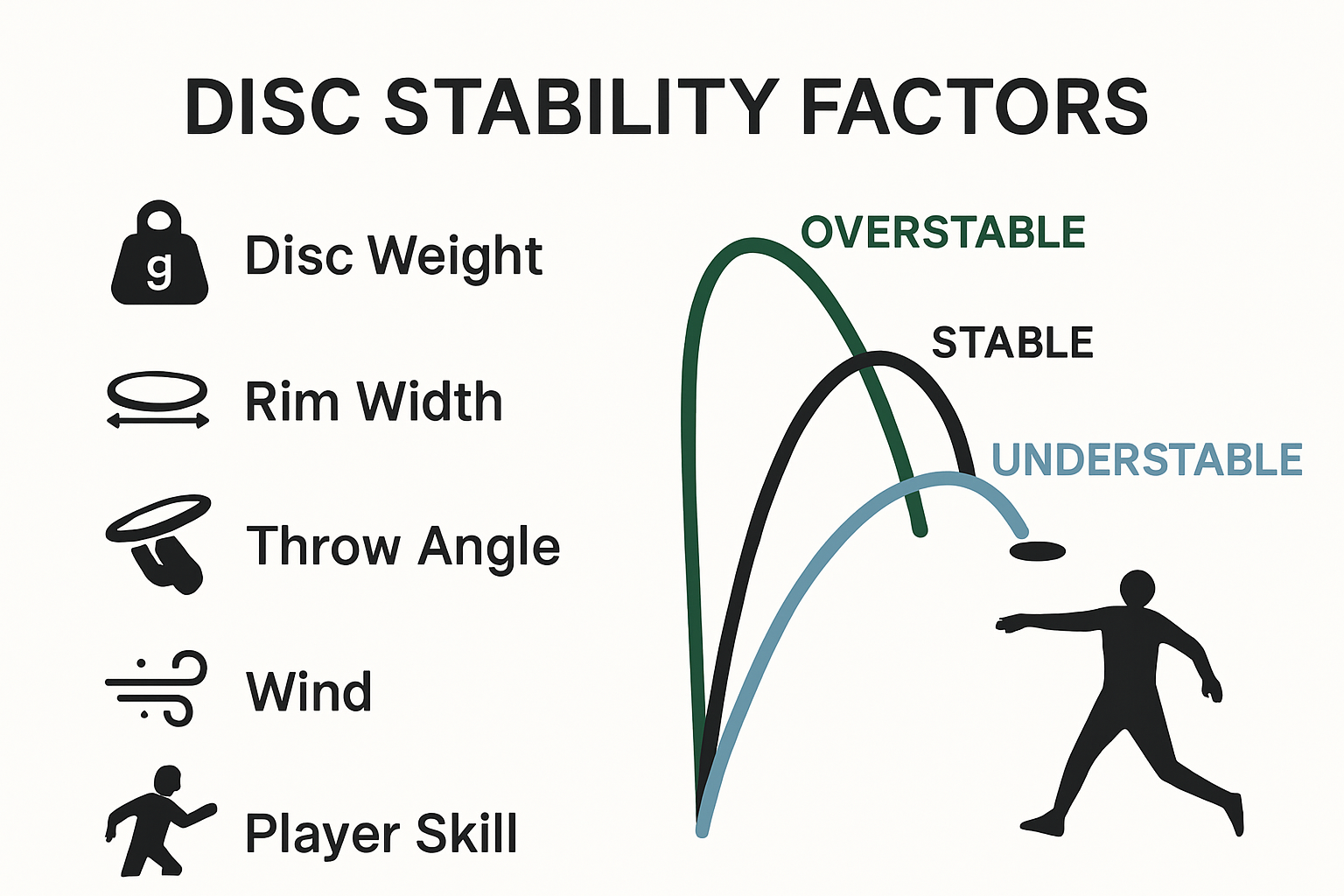 Disc golf stability factors infographic with weights, wind, and throwing angles
