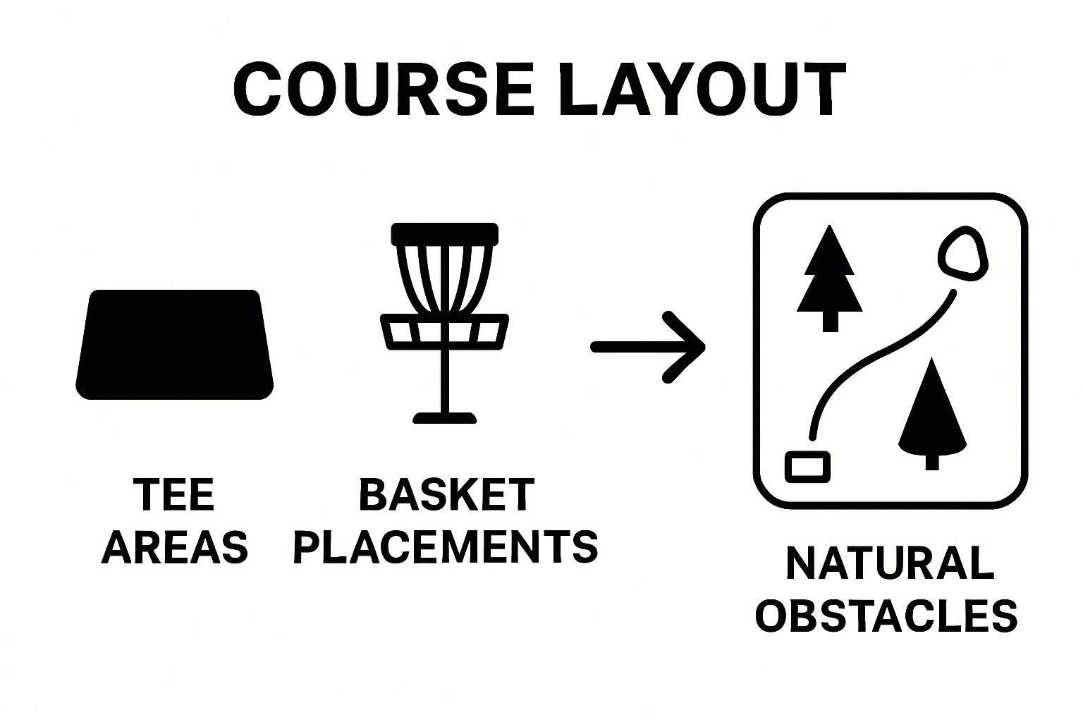 Disc golf tee, basket, and obstacle visual comparison