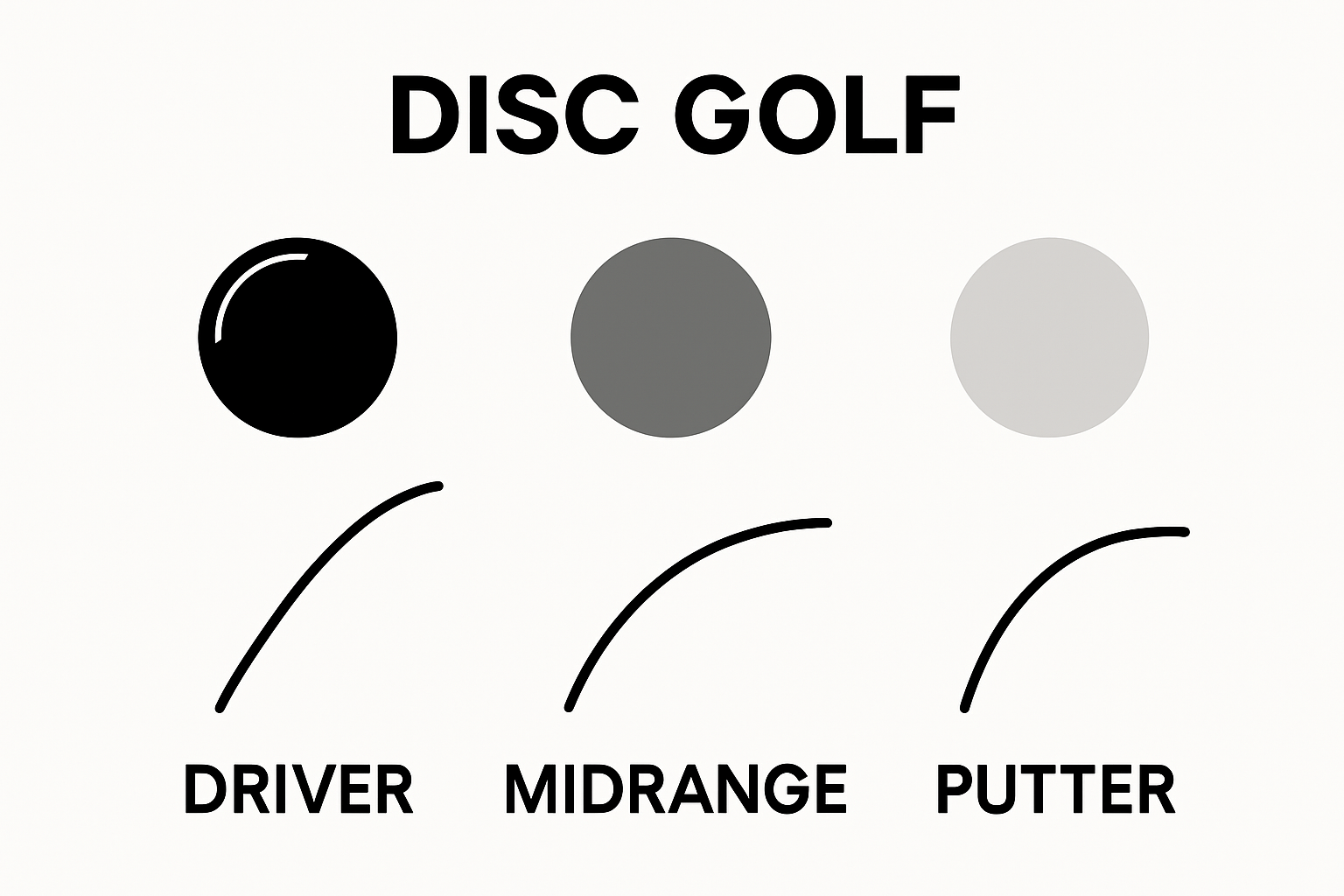 Disc driver, midrange, putter with their flight path icons