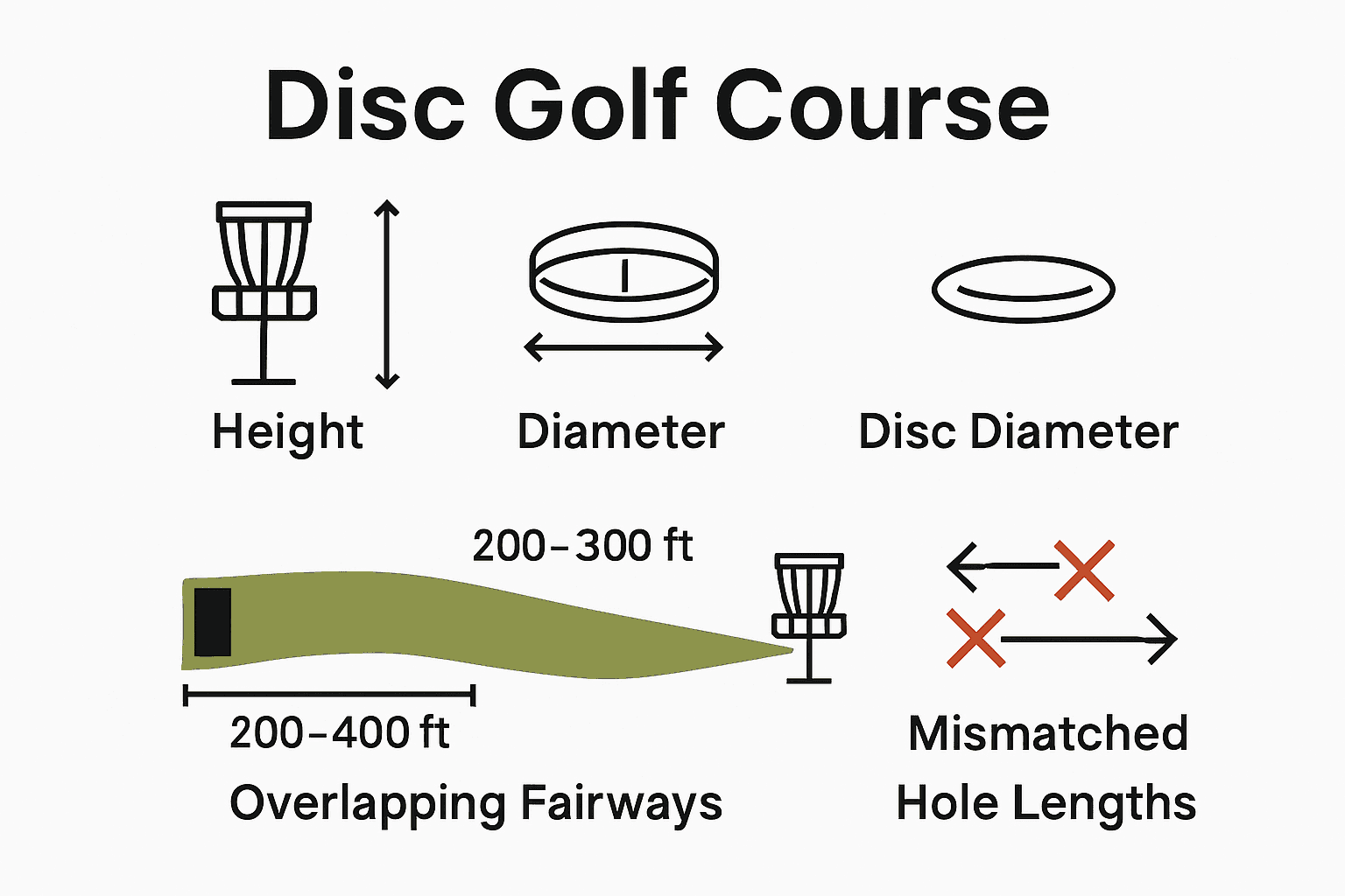Disc golf basket, disc, and hole length comparison infographic highlighting key dimensions and common mistakes.
