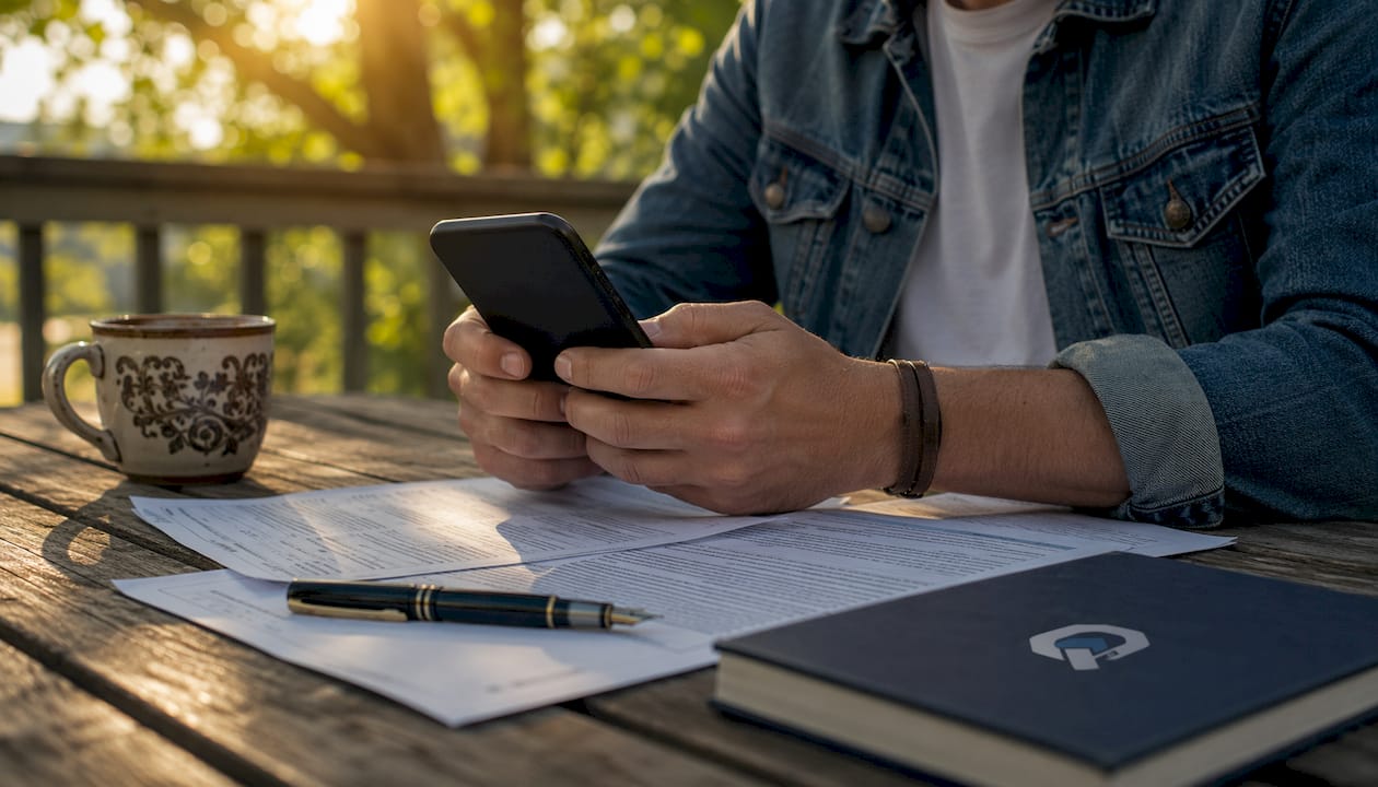 Hands holding smartphone managing rent payments