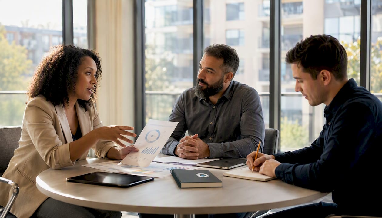 Property managers discussing software options in meeting room