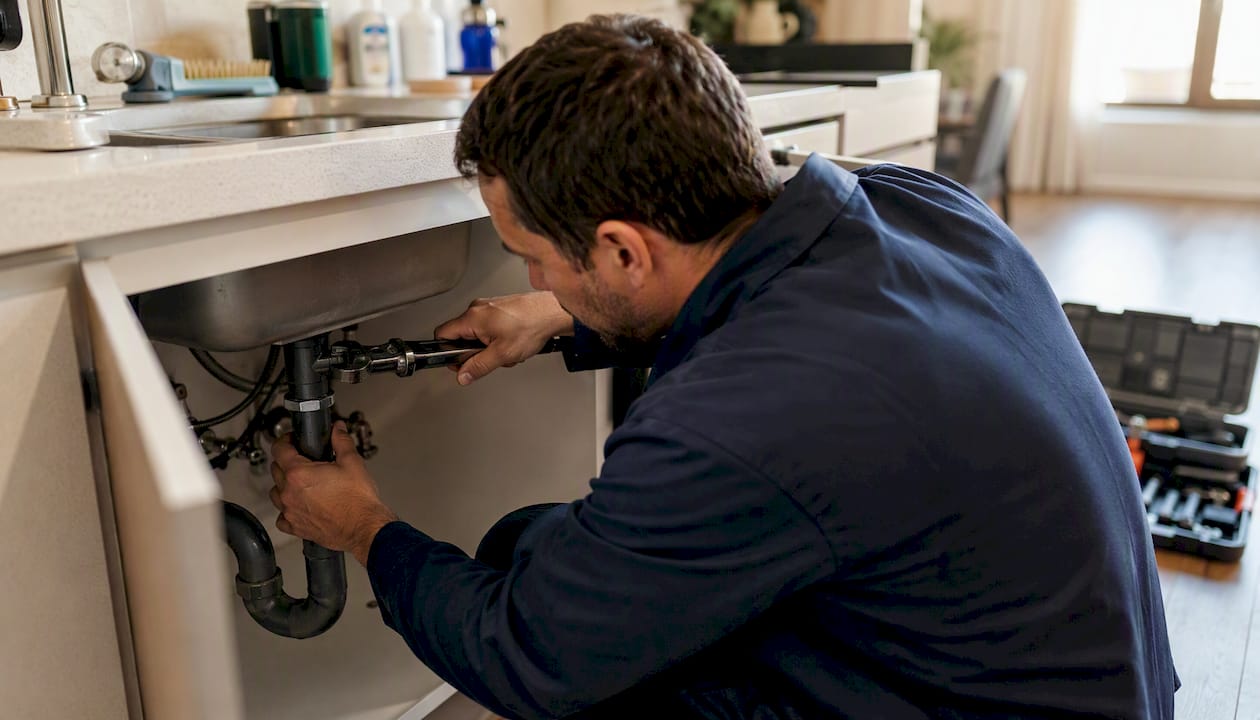 Technician repairing plumbing in apartment bathroom