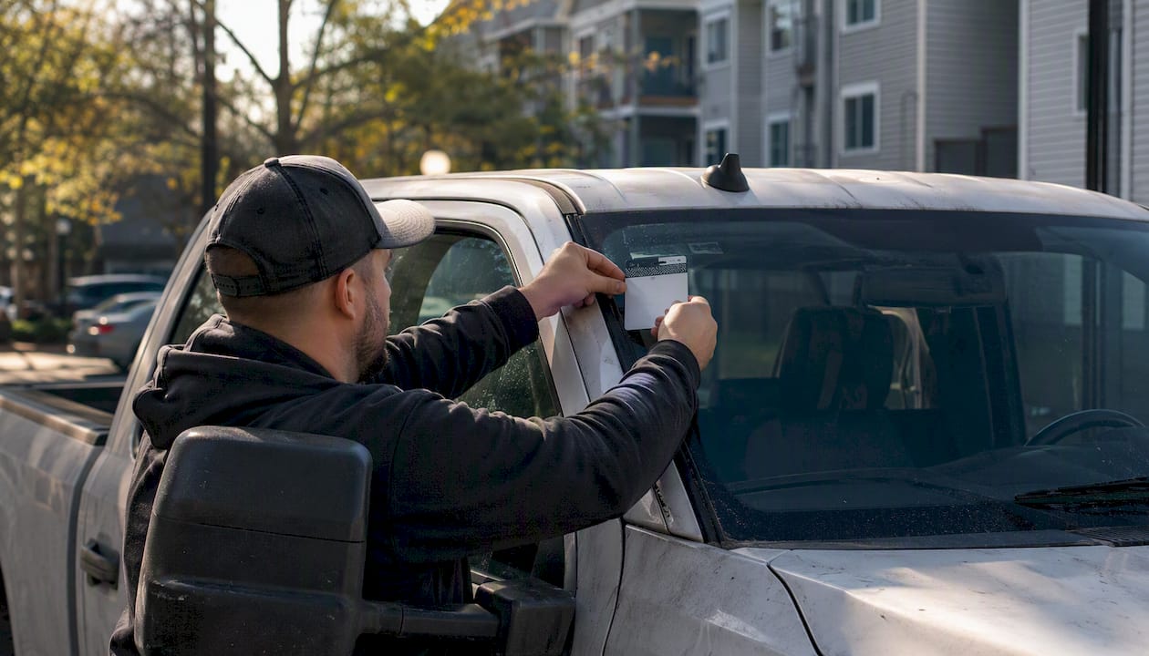 Attaching contractor parking permit to vehicle mirror
