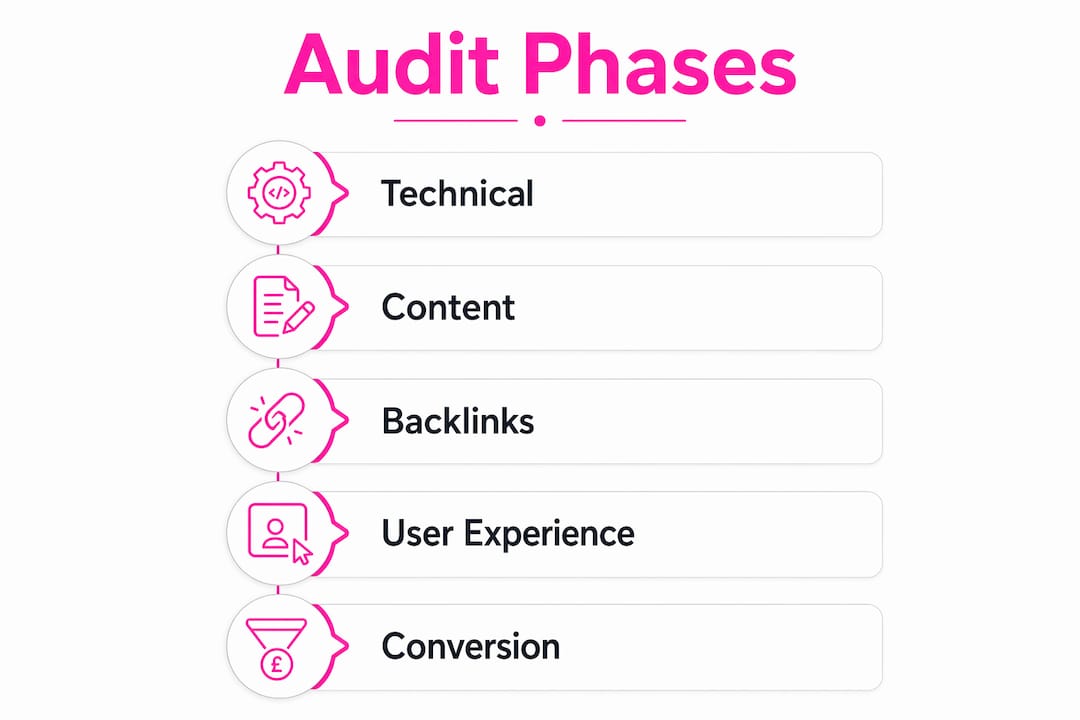 Infographic showing five website audit phases