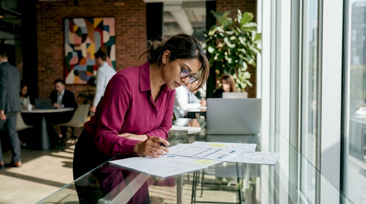 Woman reviewing website audit reports at desk