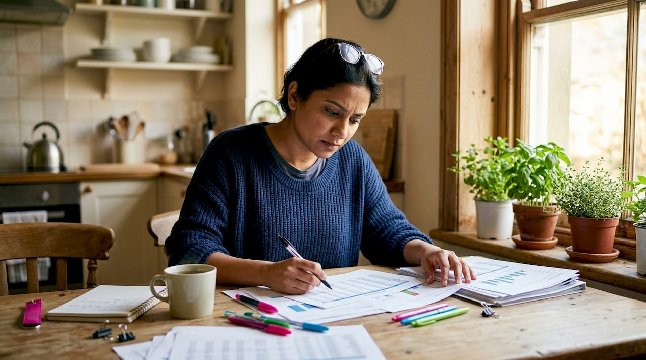 Woman analyzing content audit reports at home desk