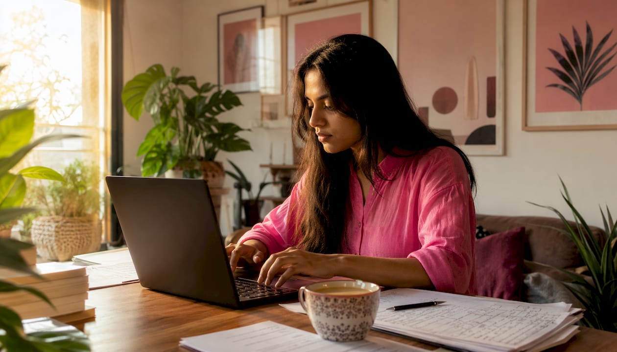 Writer using AI proofreading tools at home desk