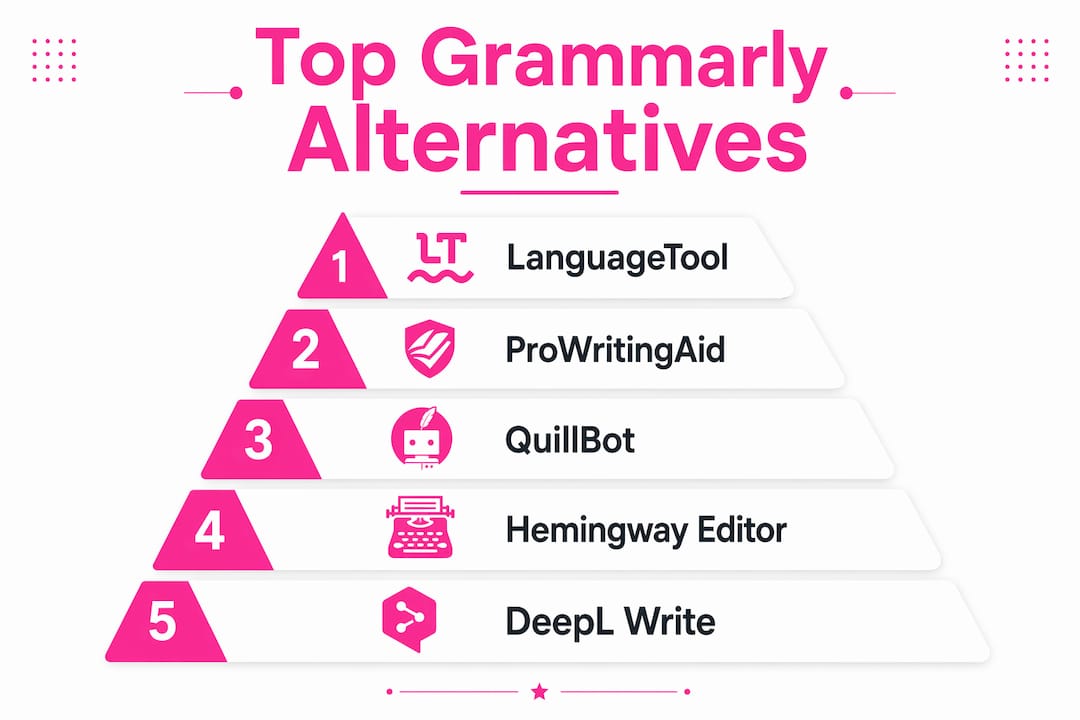 Infographic ranking top Grammarly alternatives for UK writers in 2026