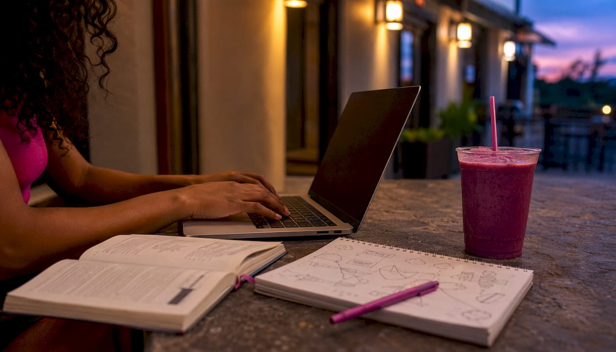 Hands typing on laptop at café with grammar books nearby