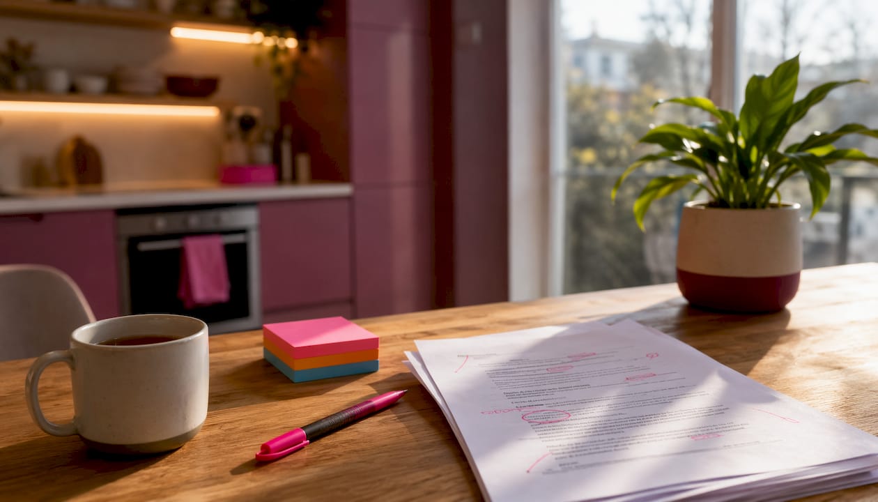 Printed draft with magenta proofreading marks and pen
